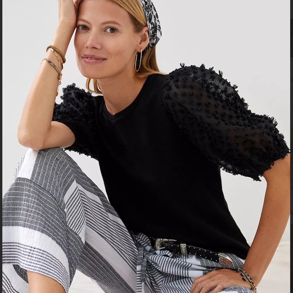 Anthropologie knit tee with feminine chiffon puff sleeves relaxed fit crew neck
